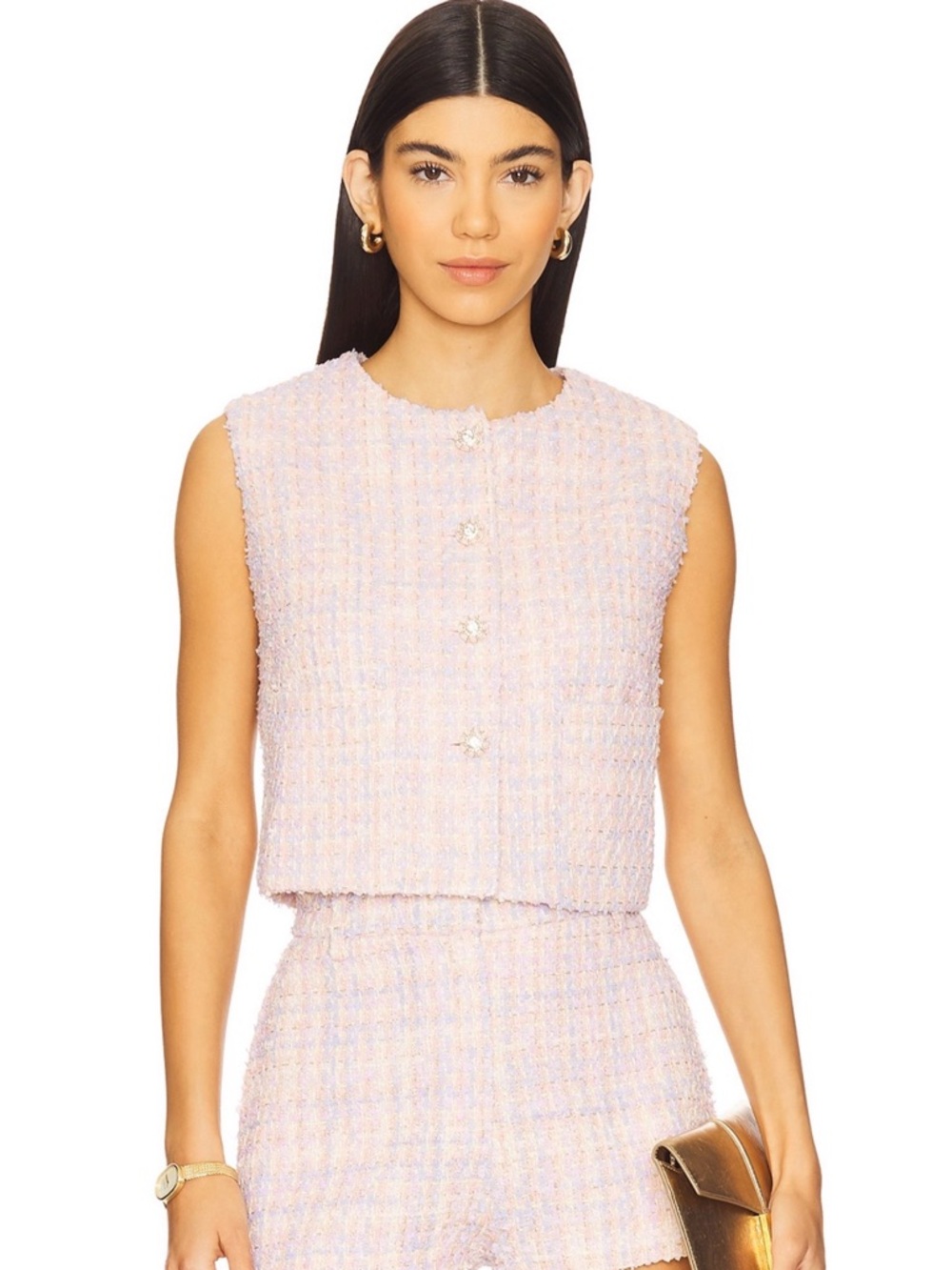 Astr Pastel Pink & Lavender Tweed Crop Top with Jewel Button